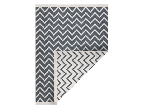 Tapete Twin 23002 Zigzag, Algodão, Dupla Face, Franjas Ecológicas - Antracite / Creme (120 x 170 cm)