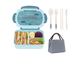 Bento Box - Caixa Almoço - Com Talheres - 1200 Ml - 21,3×14,5×7,5 Cm - Aço Inoxidável - Azul