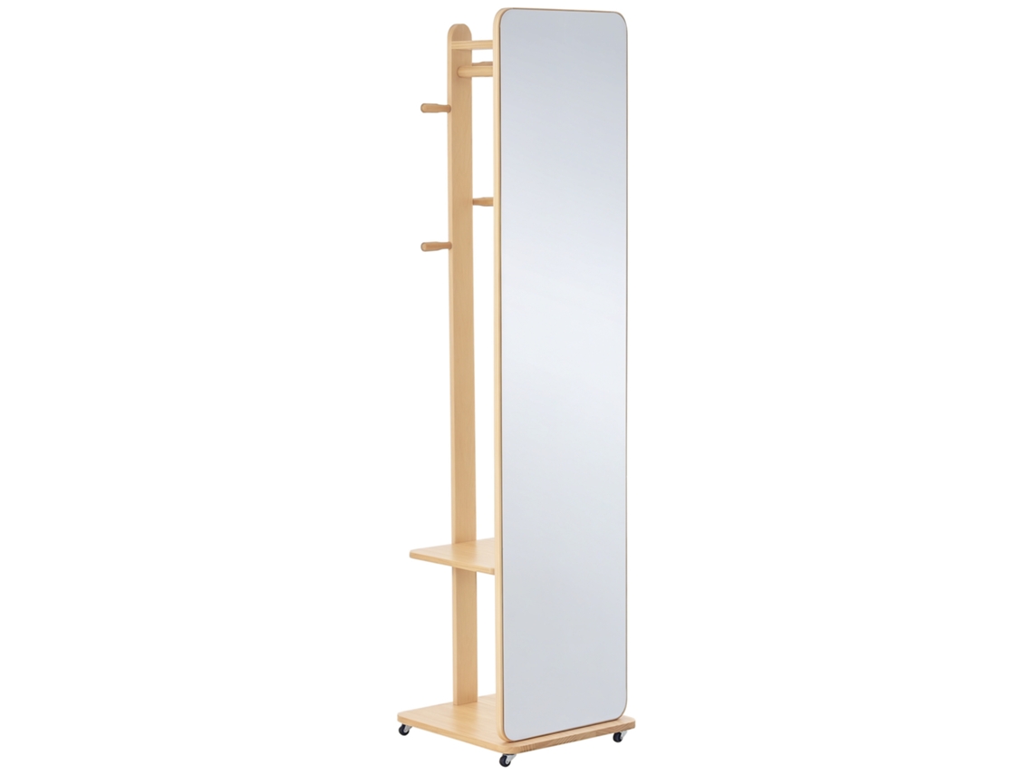 Espelho Em Pé Com Rodas - Suporte, 4 Cabides Prateleira Mdf Visual Em Madeira Clara