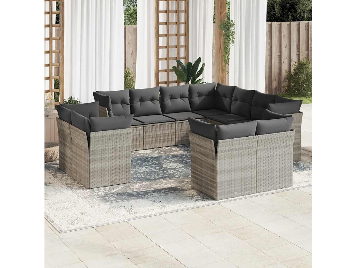 Vidaxl 11 Pcs Conjunto Sofás De Jardim C/ Almofadões Vime Pe Cinzento
