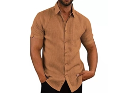 Camisa Casual Masculina De Algodão E Linho Com Listras, Manga Curta, Gola Lapela, Para Primavera/verão, Uso Diário Verde-oliva Escuro