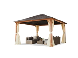 Gazebo De Jardim 4x4 M, Aparência De Madeira, Teto Sólido, 4 Cortinas Em Champanhe Toolport