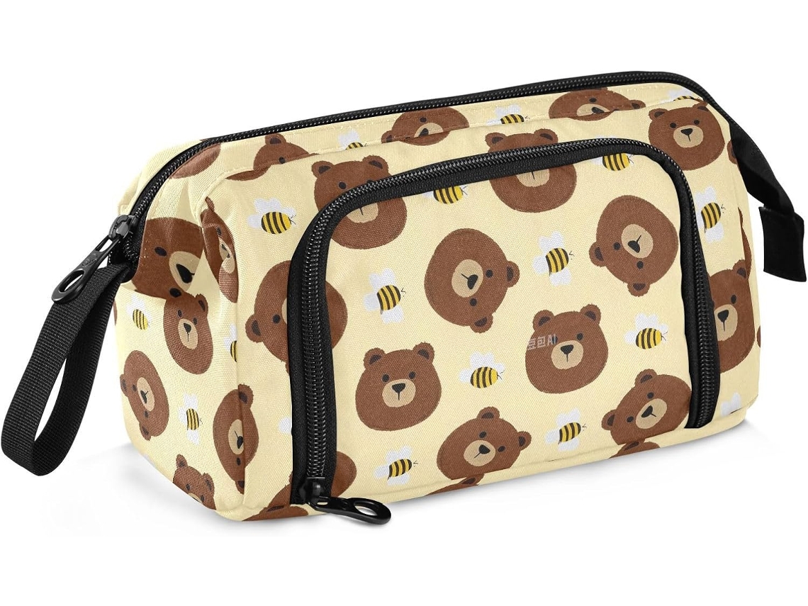 Estojo Multifuncional de Grande Capacidade para Lápis, com Estampa Urso Marrom e Abelha, Ideal Mulheres. 24 X