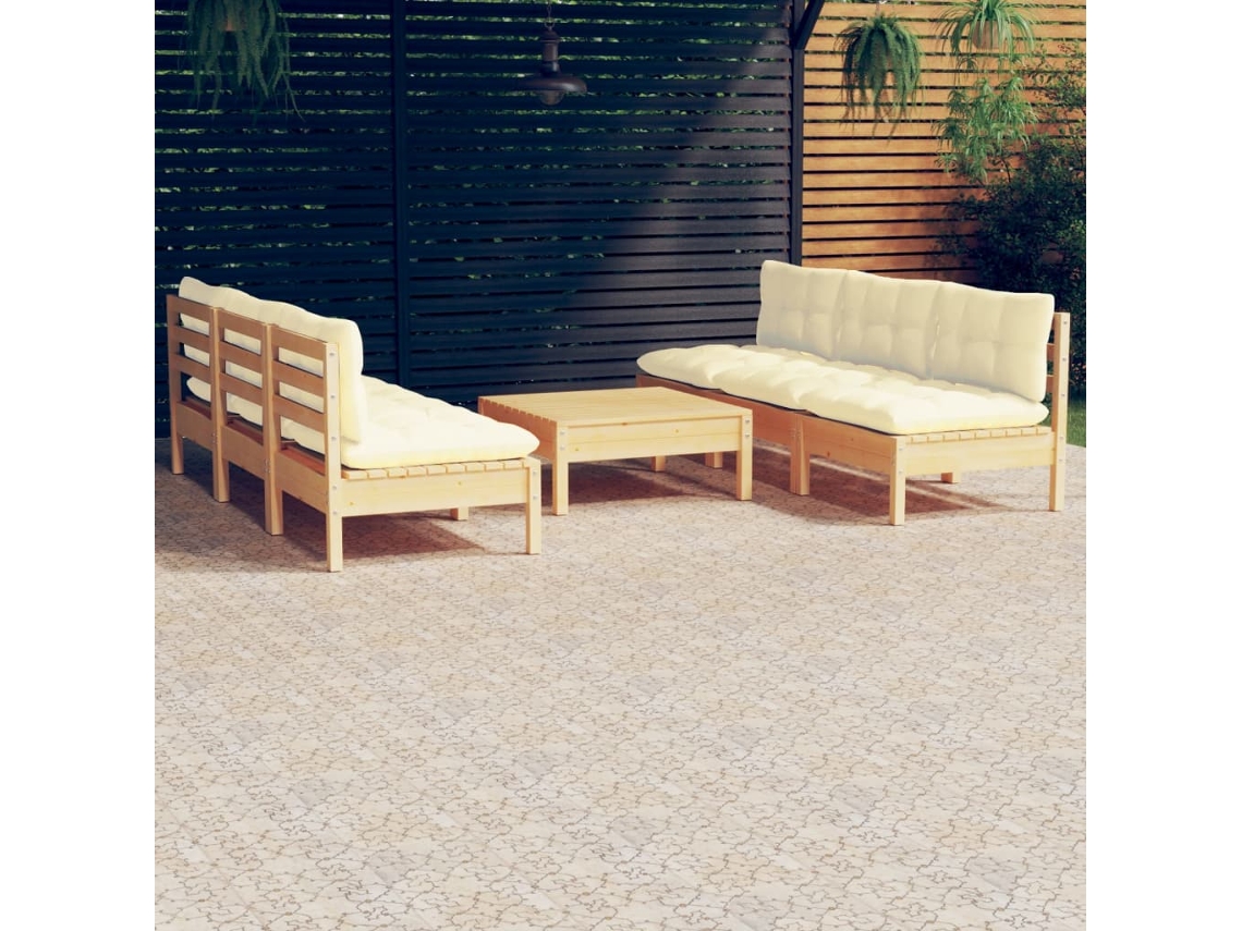 Vidaxl 7 Pcs Conjunto Lounge Jardim C/ Almofadões Cor Creme Pinho