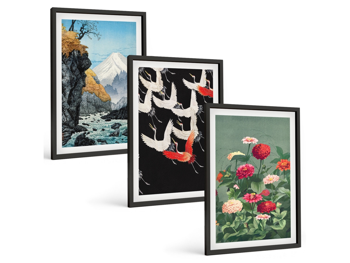 Conjunto De Pinturas Montanhas, Cachoeira, Pássaros, Flores Moldura Preta Pinturas De Quarto Espelharte (3 Piezas De 40x60 Cm)