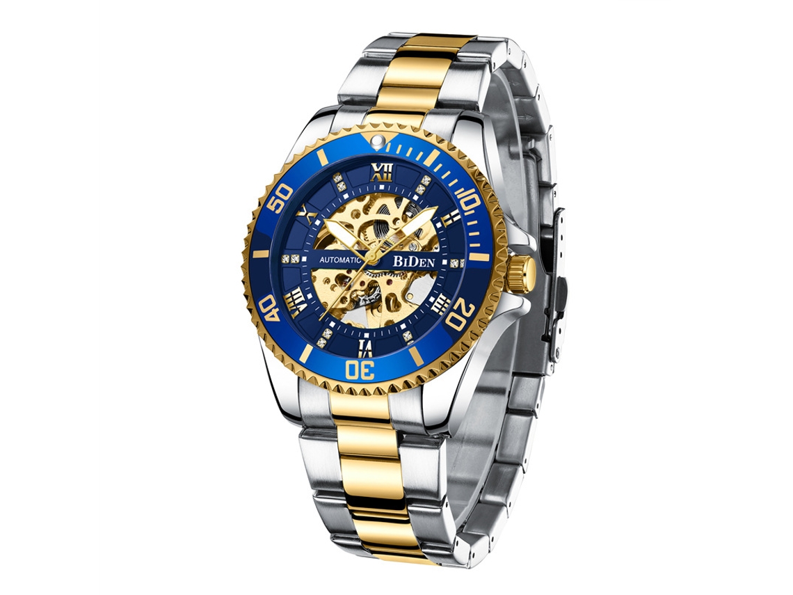Relógio Mecânico Esqueleto Automático , Relógio de Pulso Masculino Casual e Elegante. MDUG (dourado e Azul)