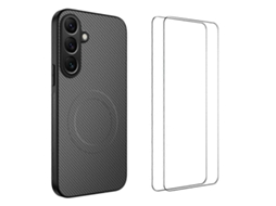 Capa Magnética Wanlonfeng Tq1 Series Com Textura De Fibra De Carbono E Tpu Para Samsung Galaxy A36 5g Com 2 Películas De Tela Cinza