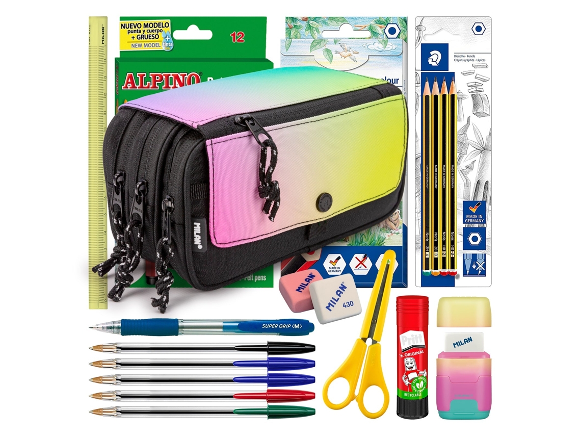 Estojo triplo Milan com 3 zíperes e material escolar incluso. Sunset Colepack