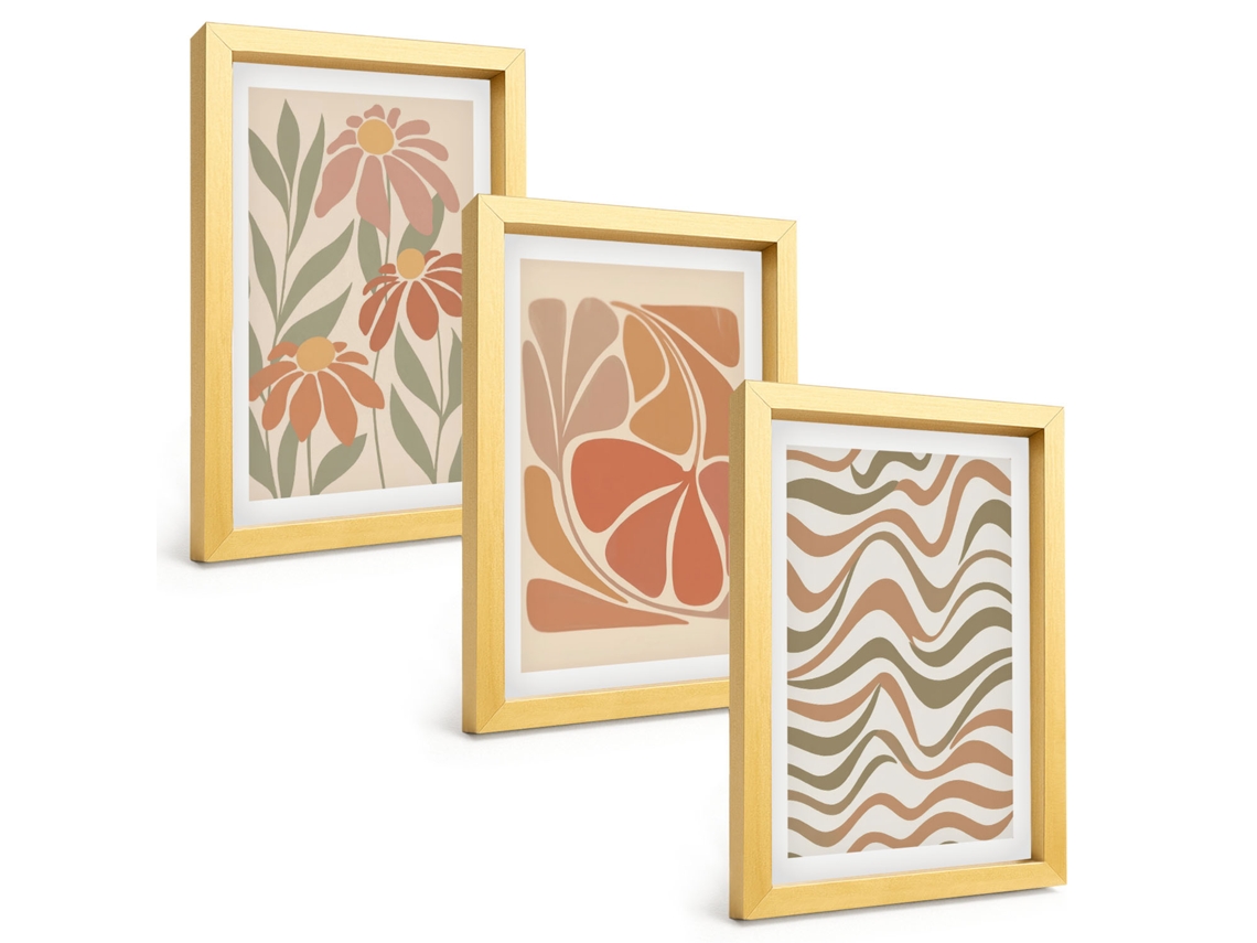 Um Conjunto De Imagens Decorativas Em Uma Molduraflores Abstratas Em Tons Pastel Moldura Dourada Pinturas De Quarto Espelharte (3 Peças 20x30 Cm)
