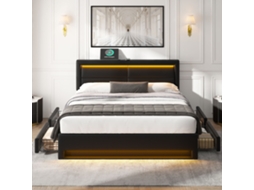 Cobertor Capitonê 140x190 Cm Com Usb , Luz Led, 4 Gavetas, Sem Colchão, Design Pu Licheira, Cor Preta Btforus (carregamento Sem Fio E A Cabo)