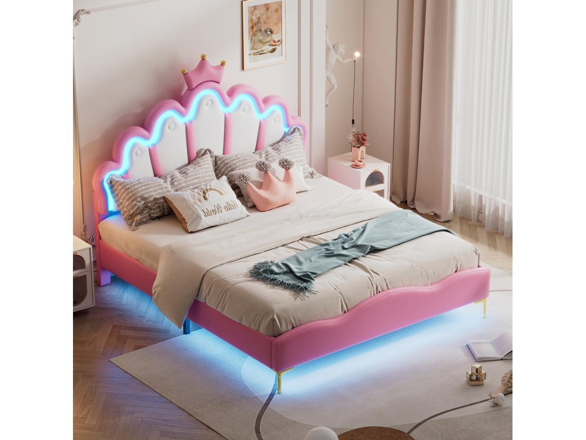 Cama Estofada 140 X 200 Cm, Em Formato De Coroa, Em Couro Pu, Com Iluminação Led E Estrado De Ripas, Rosa.