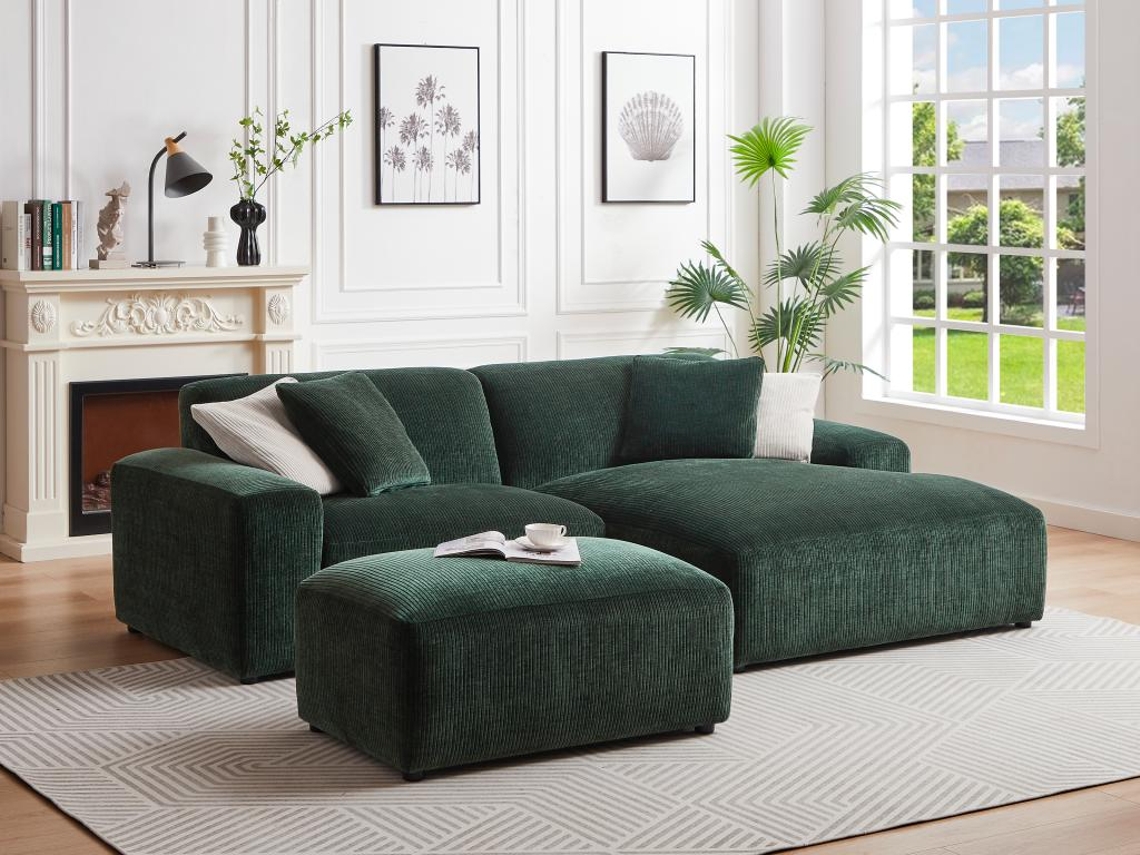 Sofá e Chaise Longue Tirono VENTE-UNIQUE.PT em veludo canelado verde de canto direito (254 x 161 x 80 cm)