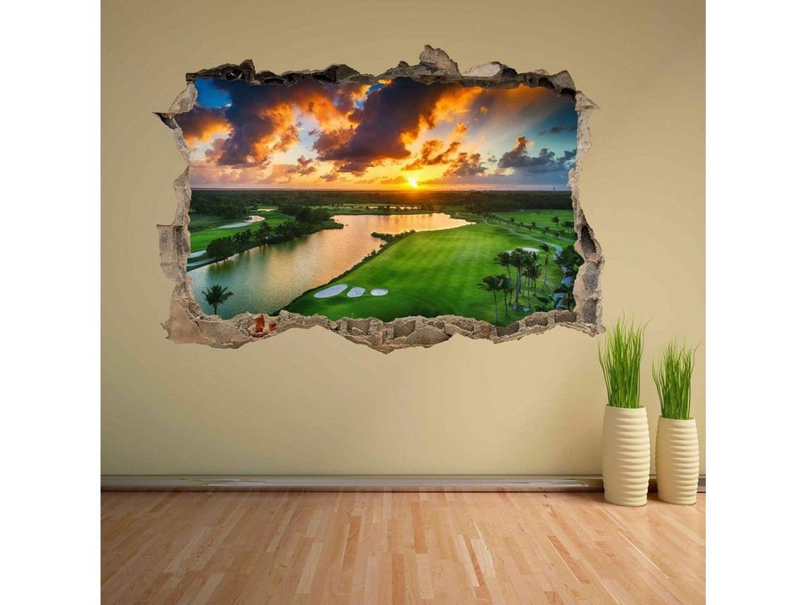 Adesivo De Parede Com Percurso De Golfe, Bunkers, Árvores, Água, Fairway E Pôr Do Sol Dh6