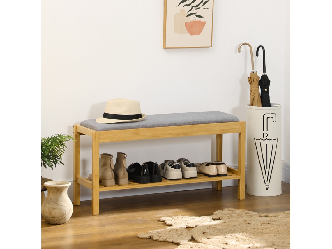 Sapateira de Bambu com Assento Estofado e Prateleira, 90x30x46 Cm, para 3 Pares Madeira