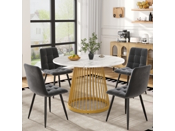 Conjunto Jantar 5pç, Mesa Redonda 100cm Branca + 4 Cadeiras Veludo Cinza, Pernas Douradas.-qq
