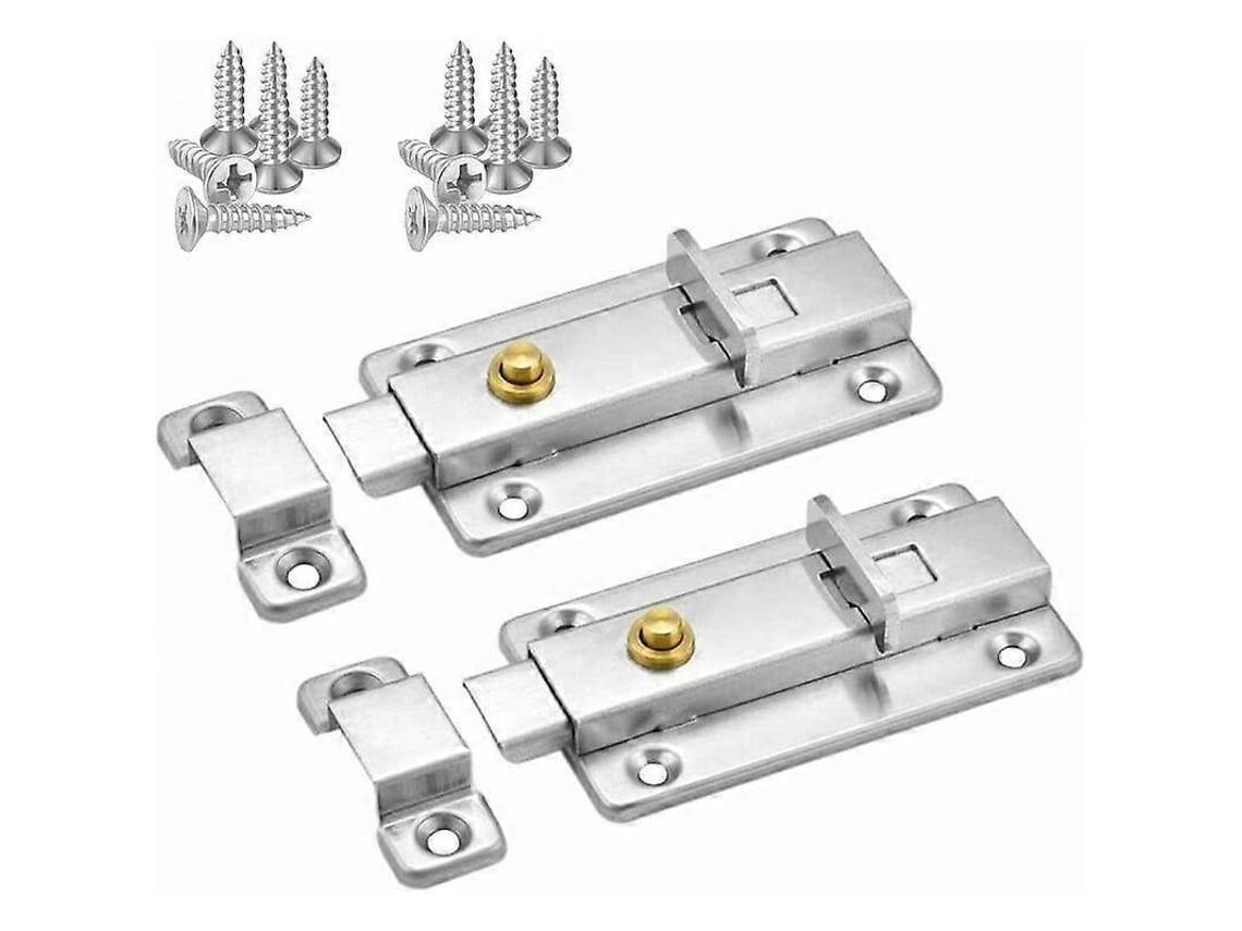 Fecho De Porta Deslizante, 4 Polegadas, Fecho Automático De Aço Inoxidável Com Mola E Botão (2 Peças Prateadas)