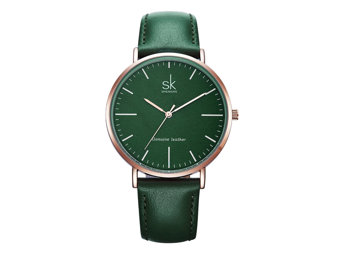 Relógio de Pulso Feminino Simples de Quartzo com Cinta de Couro Pu Shengke (verde)