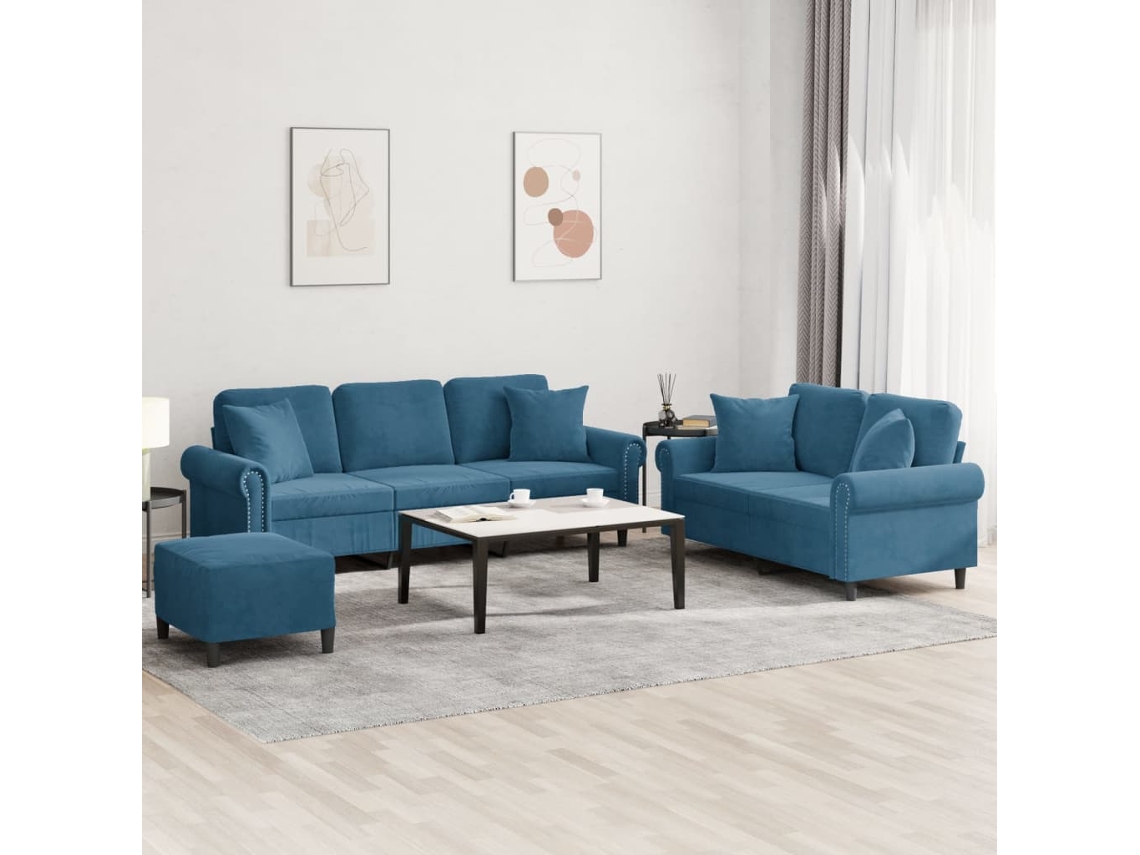 Vidaxl 3 Pcs Conjunto De Sofás Com Almofadas Veludo Azul