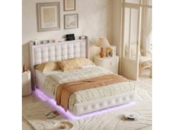 Cama De Casal 160x200 Cm, Estrutura Flutuante Com Iluminação Led E Portas Usb, Cabeceira Estofada Com Espaço De Arrumação Aberto, Branca