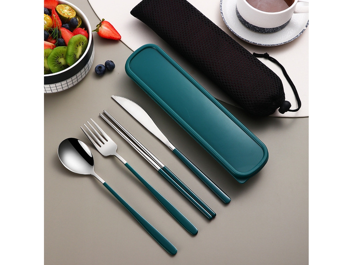 Conjunto de Talheres Portátil em Aço Inoxidável 304 , Incluindo Faca, Garfo, Colher e Caixa de Armazenamento. MDUG (verde e Prata)