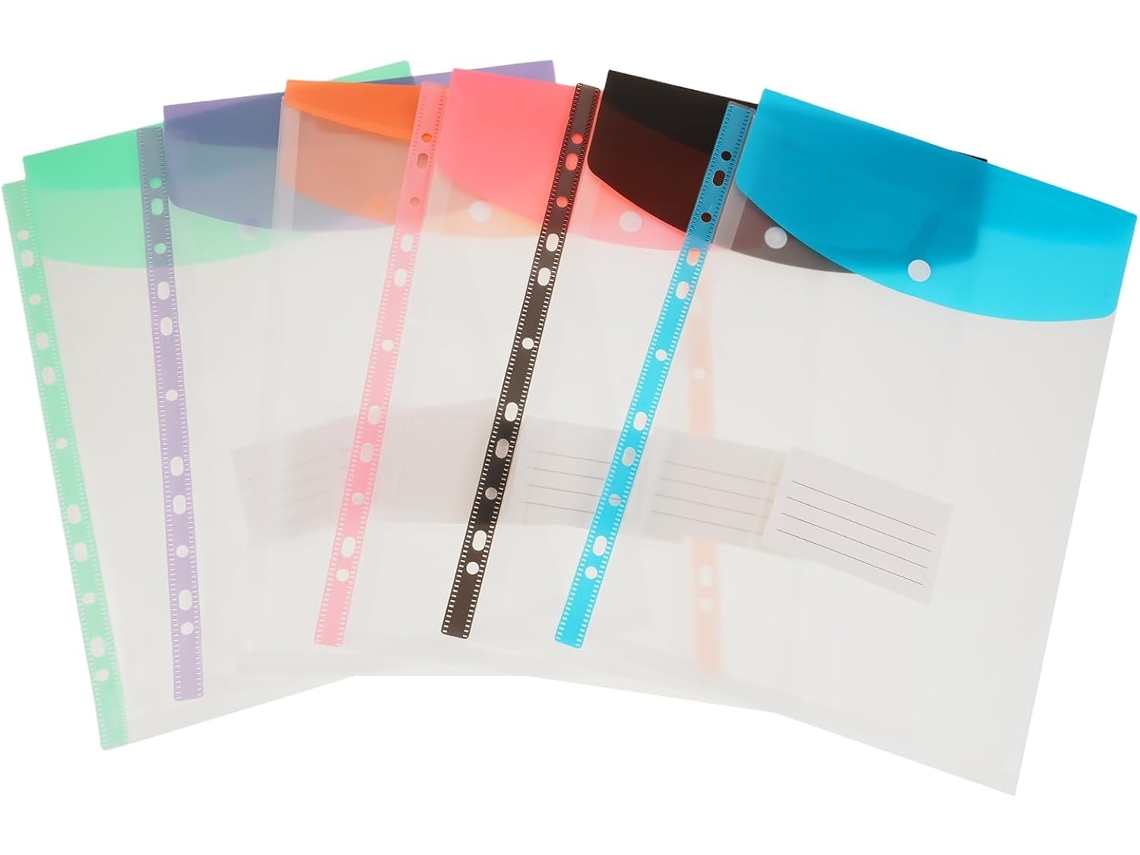 Conjunto de 12 pastas transparentes para documentos com embalagens individuais, ideais para escola, casa e escritório.