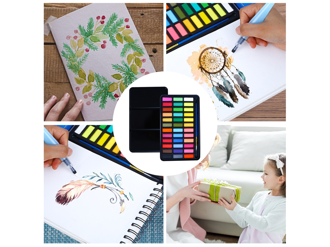Set 36 Acuarelas Con Pincel Plumas Libro Arte Para Principiantes Adultos Portátil