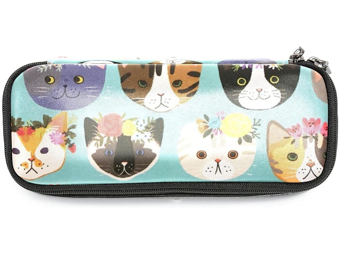 Organizador de maquiagem espaçoso com estampa de flores e gatos, ideal para escola, mesa de trabalho, para adultos ou meninas.
