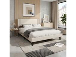 Estrutura De Cama 140x200 Cm Com Cabeceira Estofada Em Linho, Somier Com 10 Ripas E Espaço Para Arrumação Sob A Cama Para Quarto Bege