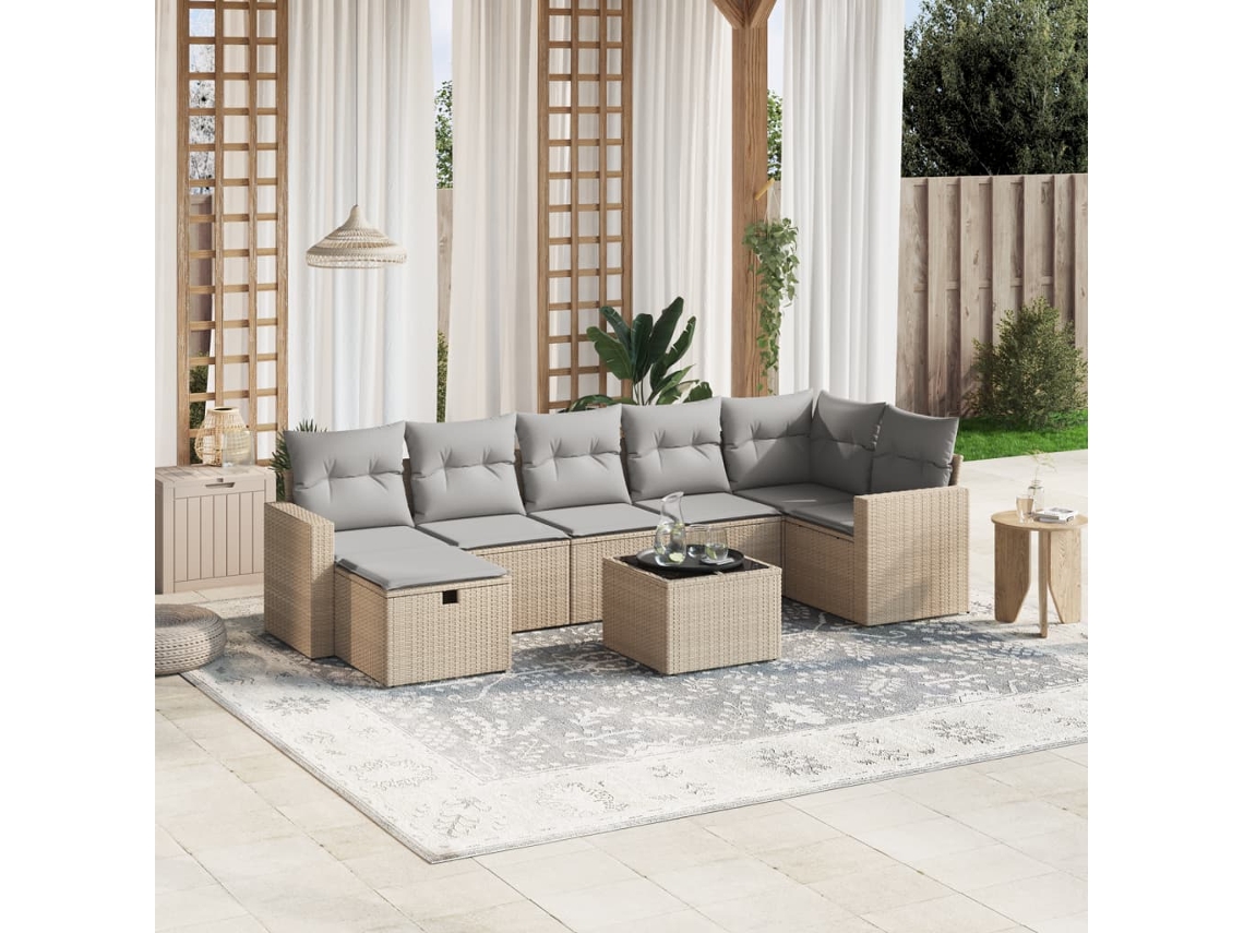 Vidaxl 8 Pcs Conj. Sofás Jardim C/ Almofadões Vime Pe Bege Misturado
