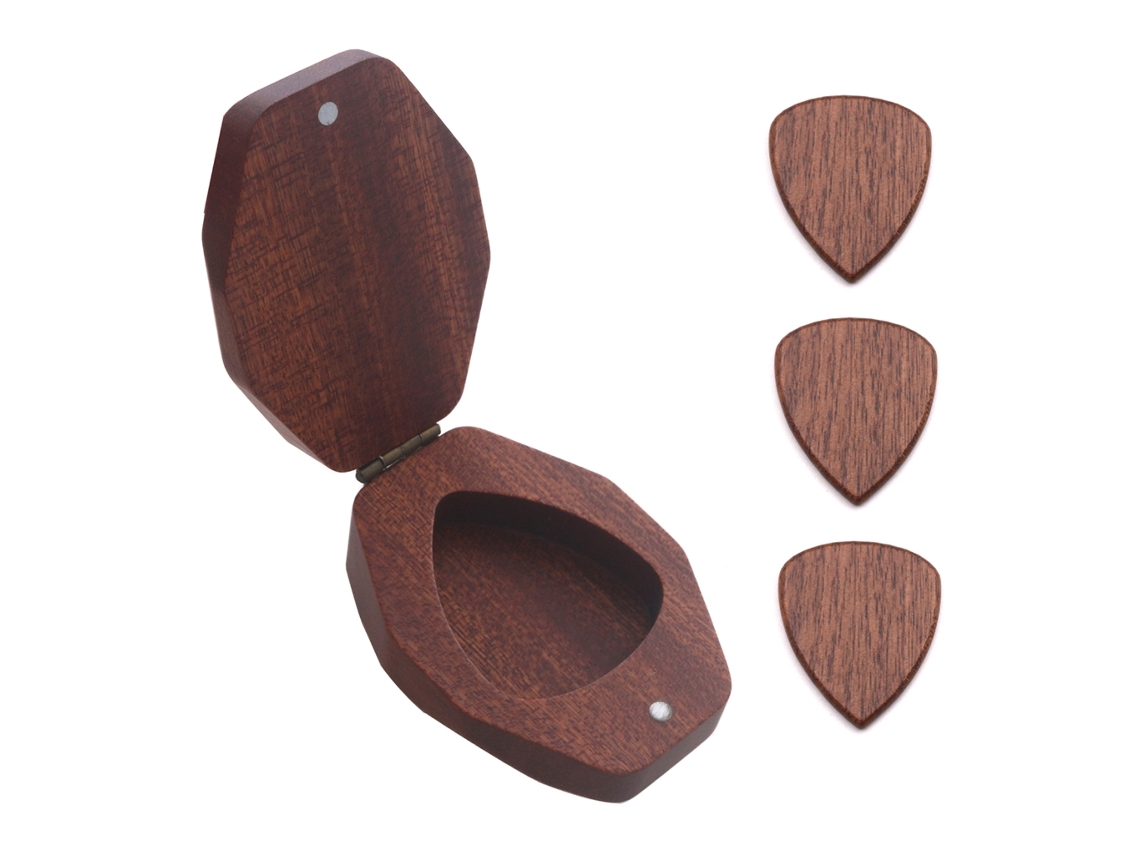 Estojo para Palhetas em Formato de Diamante para Guitarra e Baixo, com Conjunto de 3 Palhetas de Madeira AQUAFORGE