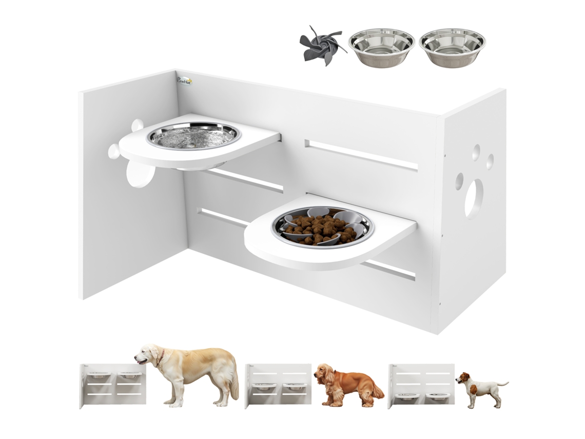 Comedouro Duplo Cães Ajustável Alimentação Lenta 63x58,5x40 Branco