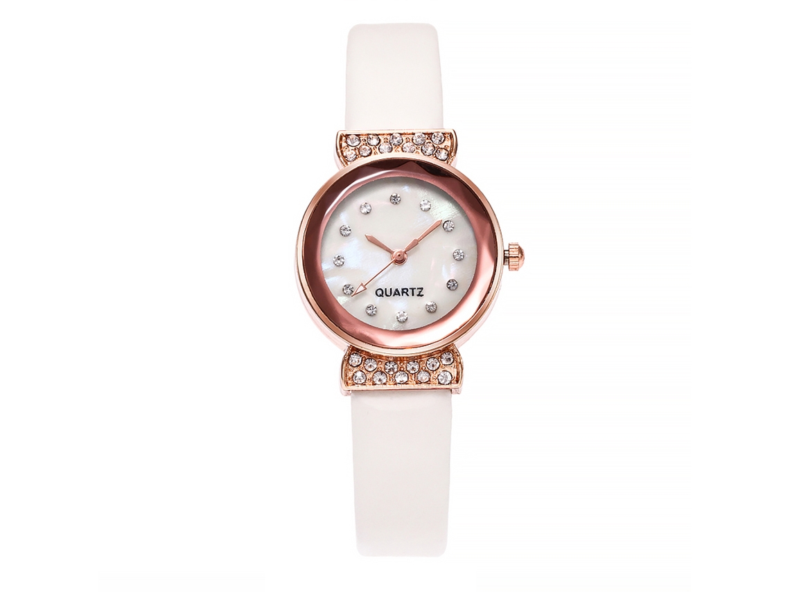 Relógio de Pulsera Feminino com Strass Mostrador Pequeno Couro Pu Vansvar Branco
