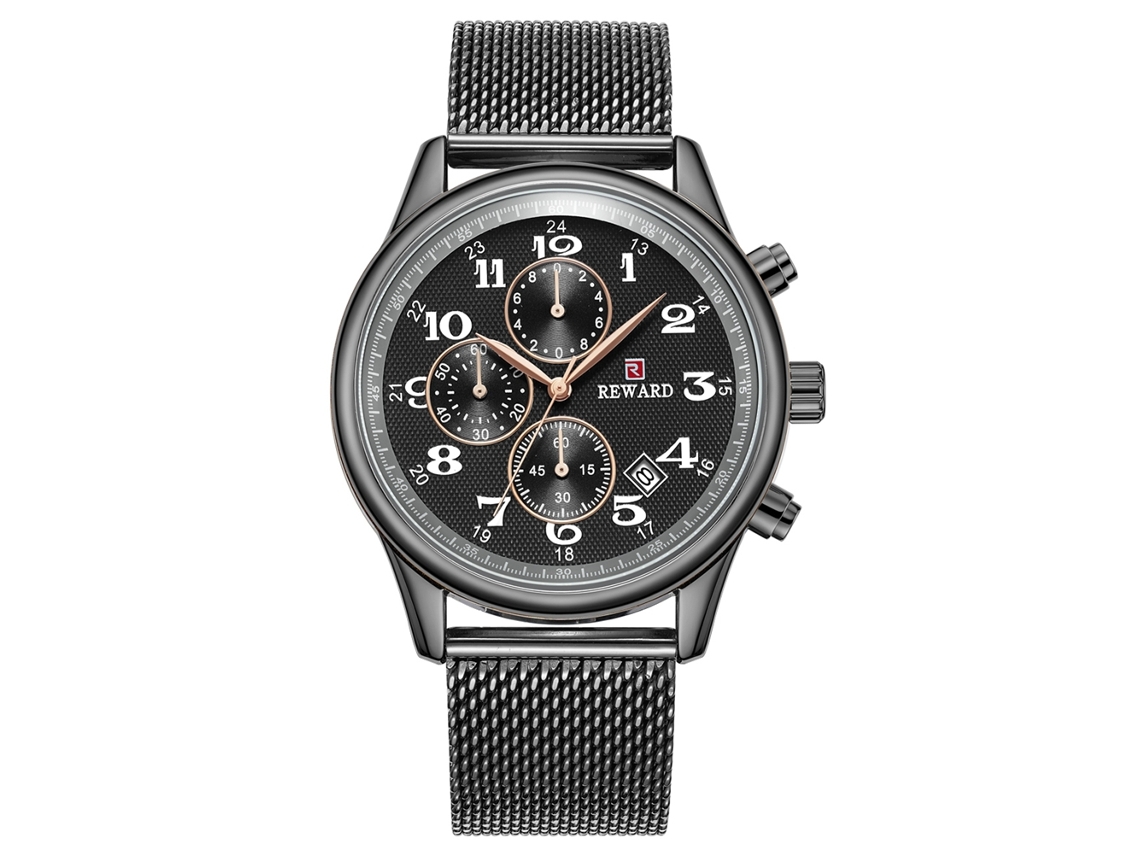 Relógio masculino de quartzo com pulseira de malha de aço, calendário, estilo casual de negócios (preto)