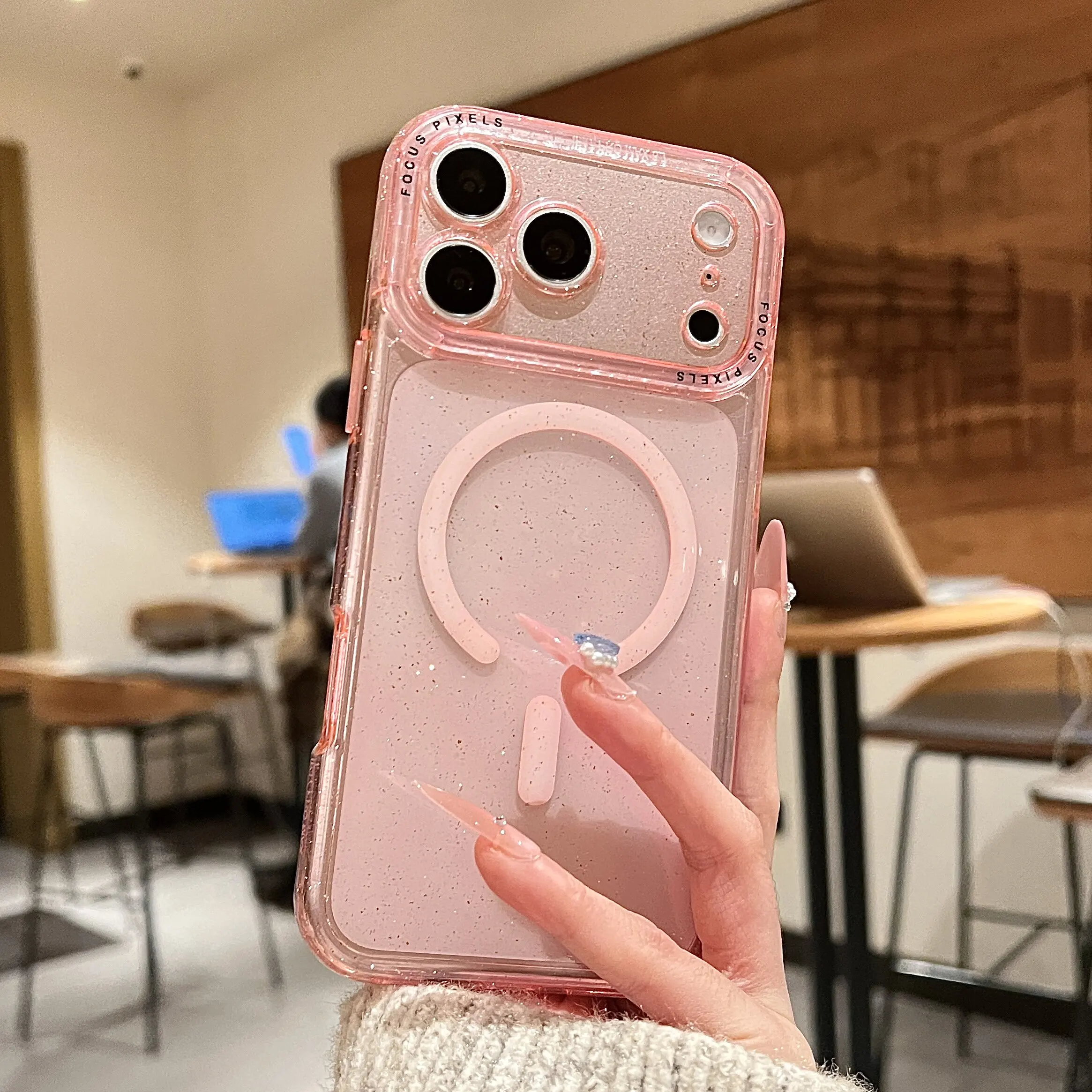 Capa Protetora Magnética Transparente Com Glitter 2 Em 1 Para Iphone 15 (rosa).