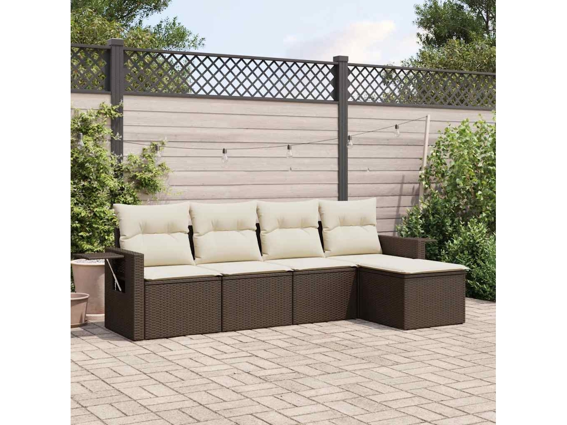 Vidaxl 5 Pcs Conjunto Sofás P/ Jardim C/ Almofadões Vime Pe Castanho