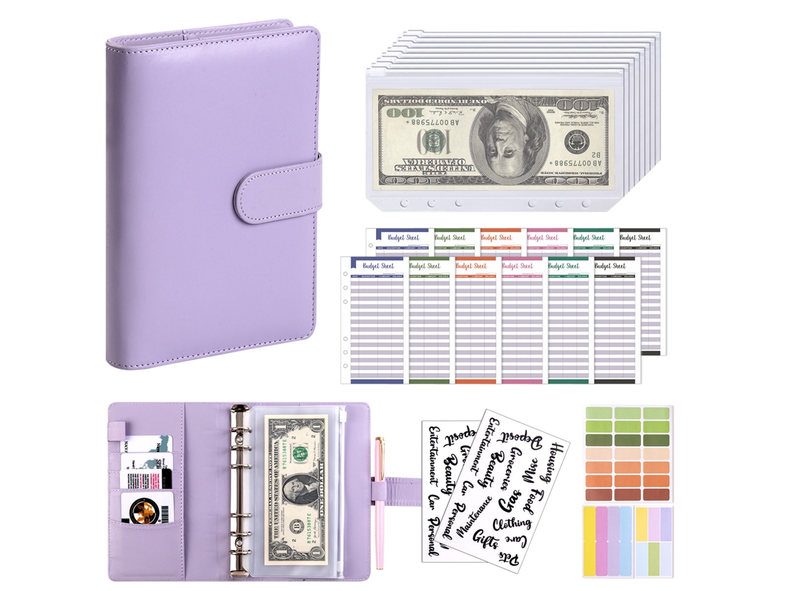 A6 Pu Leather Cash Envelope Binder, Purple Cover + 8-zipper Pockets 12 A6 Cash Budget Cards 2-english Stickers Label