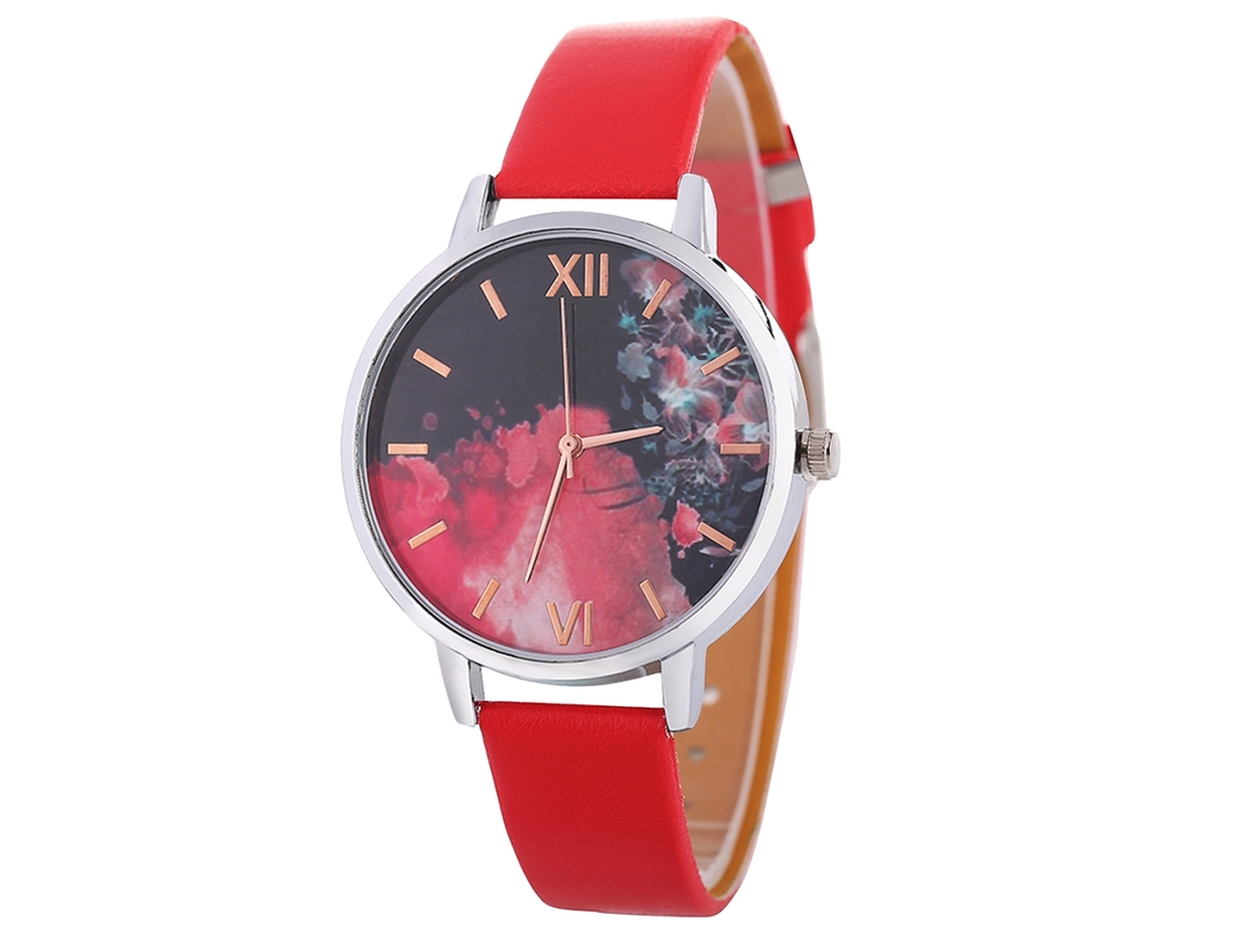 Relógio Casual Feminino Estilo Coreano Pulseira de Couro Quartzo Vermelho