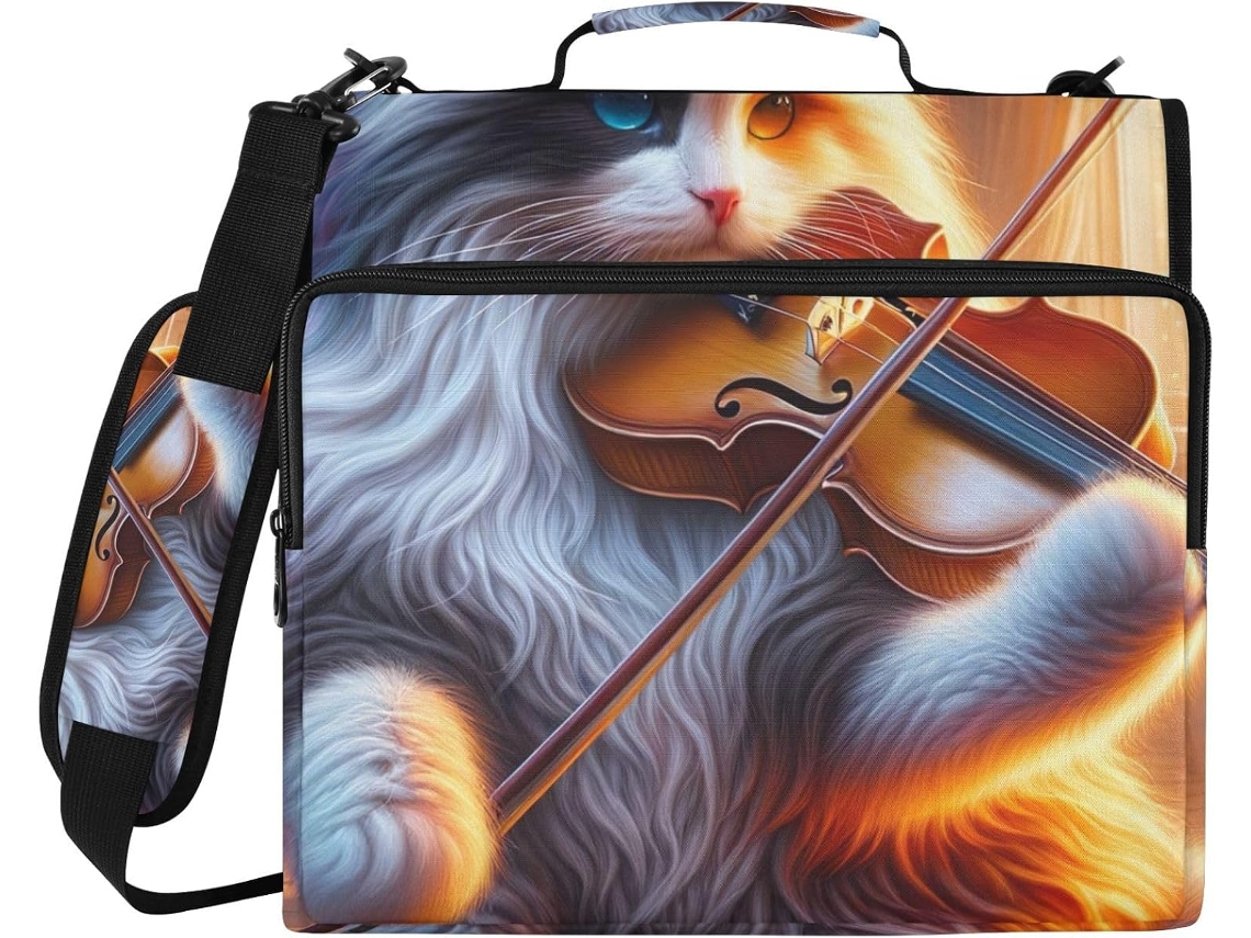 Bolsa Sofisticada Violinista Com 3 Argolas E Estampa De Gato, Com Compartimento Impermeável Zíper Laptop