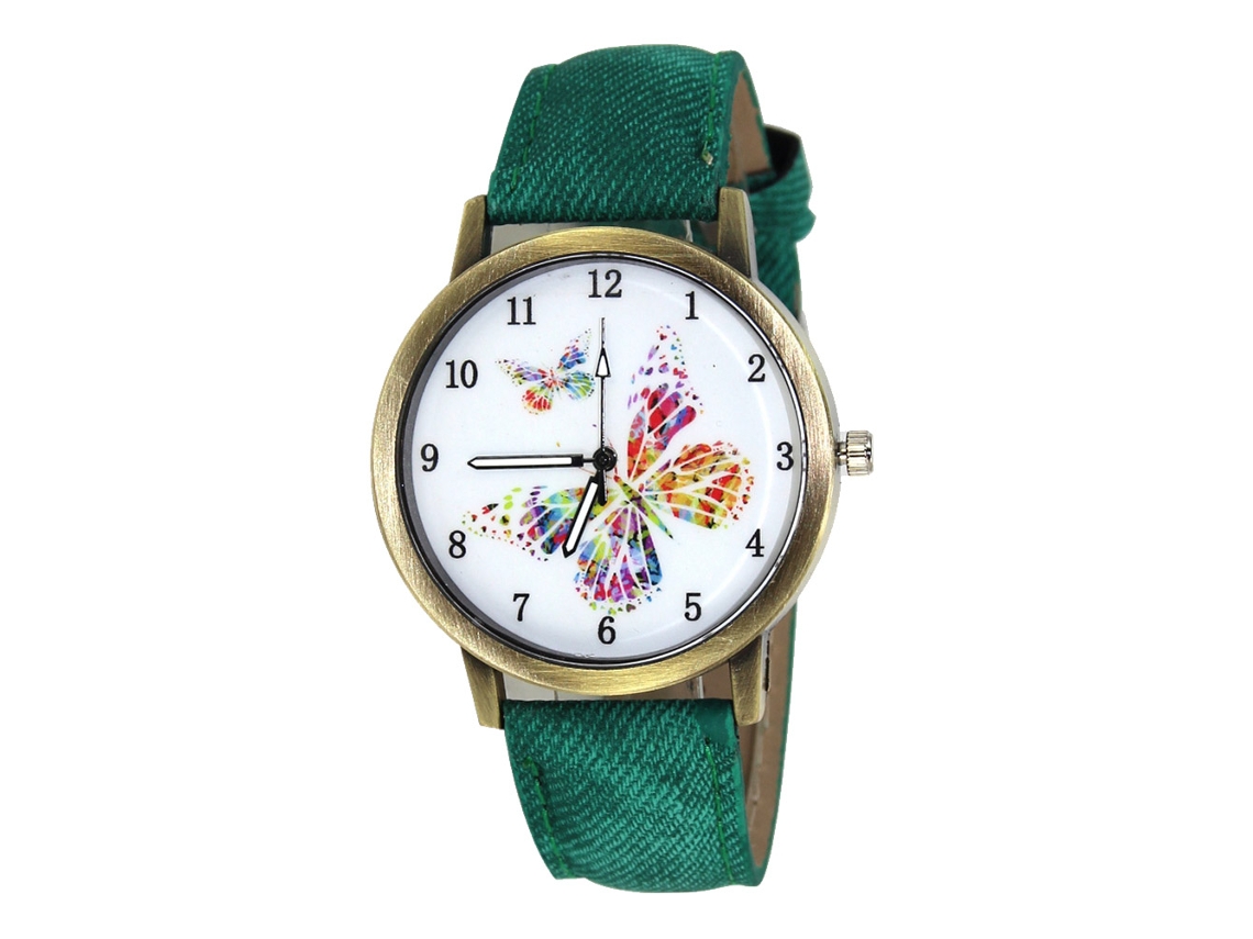 Relógio de Pulso Feminino de Quartzo em Liga com Pulseira de Jeans Borboletas (verde)
