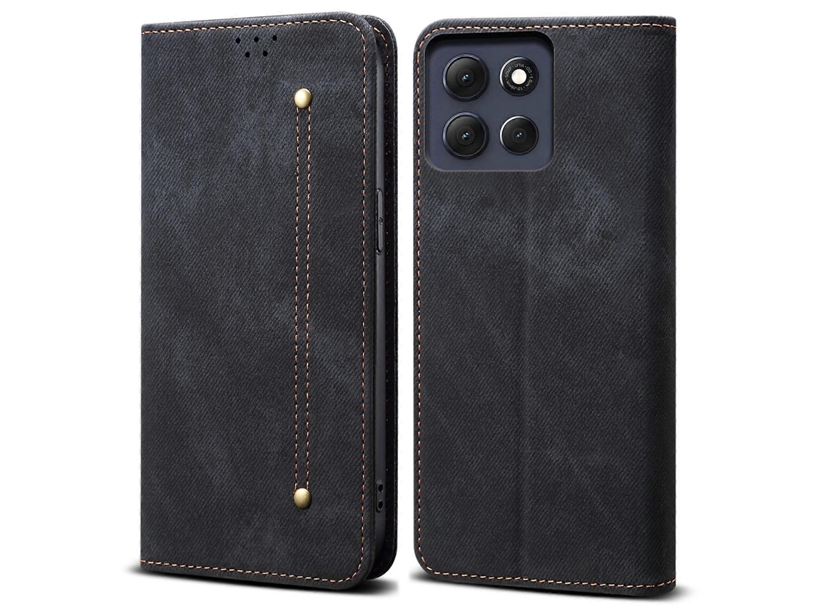 Capa Tkdaddy Para Motorola Moto G56 5g, Textura Jeans, Couro Antirrisco, Suporte, Capa Preta
