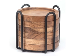 Relaxdays Conjunto De 6 Bases Para Copos Ø10 Cm, Madeira De Acácia, Com Suporte, Borda Elevada, Natural/preto