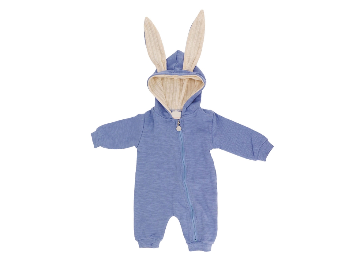 Macacão de Bebê com Capuz e Orelhas de Coelho Algodão Cute Macacão Zíper Azul 59