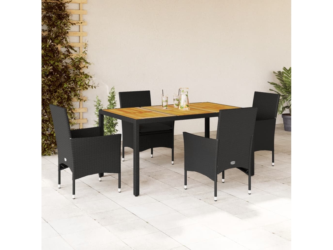 Vidaxl 5 Pcs Conjunto Jantar Jardim C/ Almofadões Vime Pe/acácia Preto