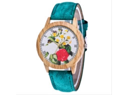 Relógio de Pulso Feminino Jeans Floral Retro Moda com Pulseira de Couro Quartzo Verde