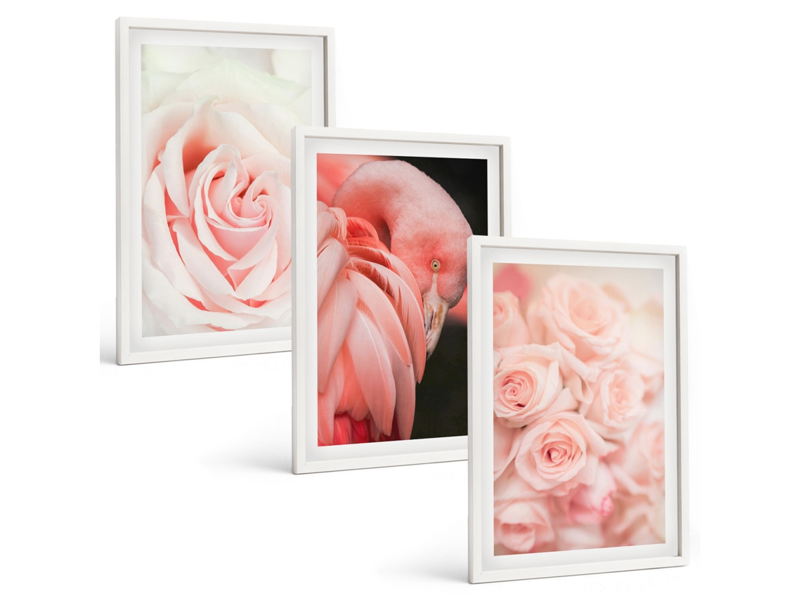 Pinturas Murais Modernas Rosas Em Tons Pastel, Flamingos Delicados Moldura Branca Quadros Para O Escritório Espelharte (3 Piezas De 40x60 Cm)
