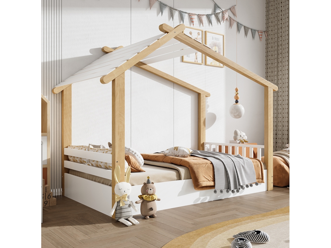 Cama Infantil Madeira 90x190 Cm, Casinha, Ripas, Pinho + Mdf, Branco/natural VSOGA