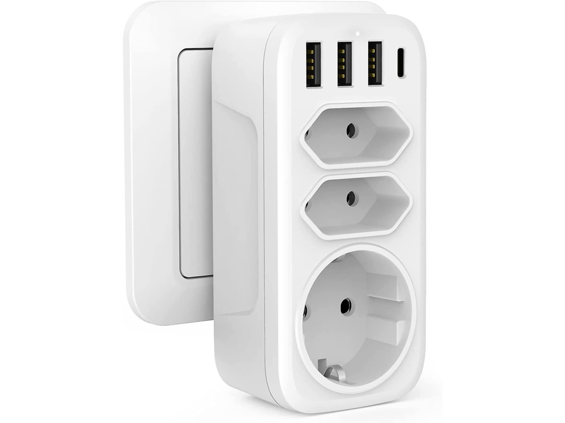 Adaptador De Tomada, Tomada Usb 7 Em 1 Com 2 Tomadas Euro E 1 Tomada Schuko