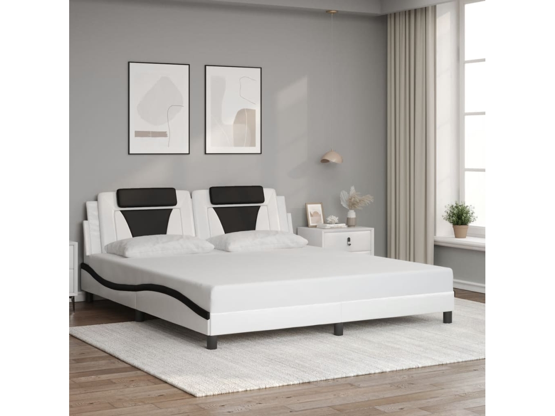 Estrutura De Cama C/ Cabeceira Couro Artificial Branco E Preto