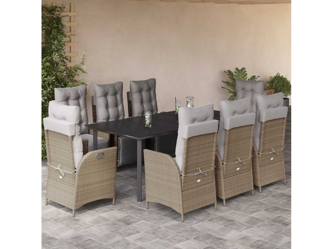 Vidaxl 9 Pcs Conj. Jantar Jardim C/ Almofadões Vime Pe Bege Misturado