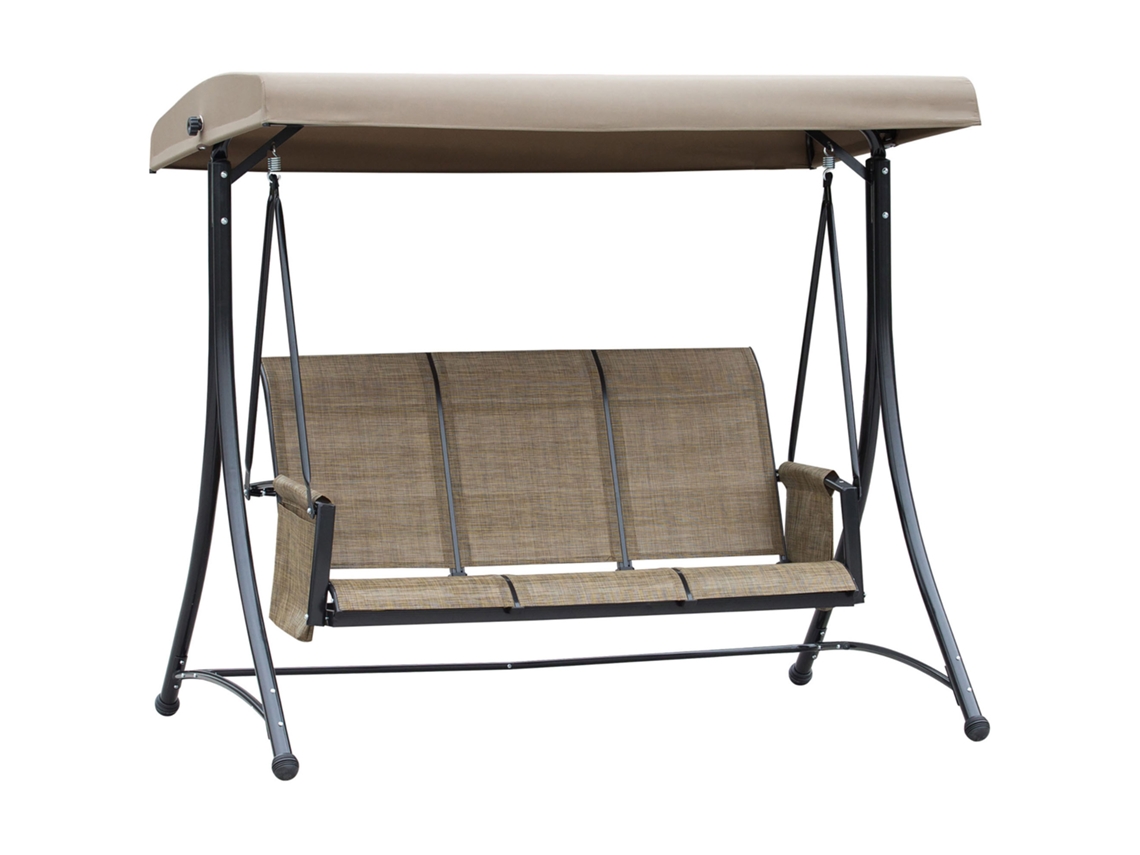 Balde de jardim com 3 lugares, toldo ajustável e bolsa lateral, suporta até 300 kg, para jardim ou terraço, 196 x 128 x 172 cm, marrom.